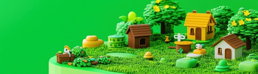 Miniature village on green background