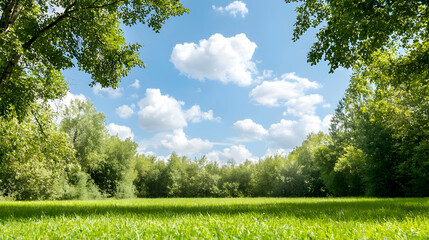 Sunny meadow, green trees, blue sky, summer day