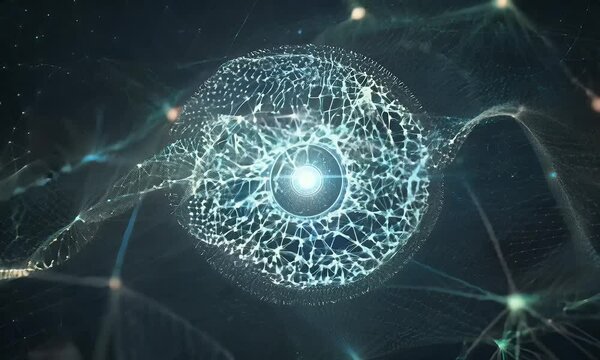 Biological and atomic particles moving harmoniously, forming surreal patterns of light and energy