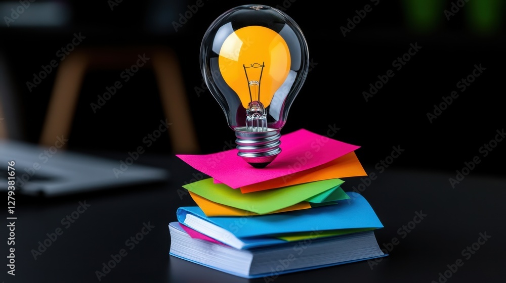 Poster a stack of sticky notes leading to a light bulb at the top, representing idea refinement.