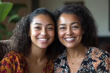 Happy latin girl hugging with her beautiful mother and smiling at camera together, sitting on sofa in living room interior, copy space