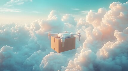 Drone Delivering Package Over Snowy Landscape, A drone carrying a package flies over a snowy, frozen landscape with ice formations