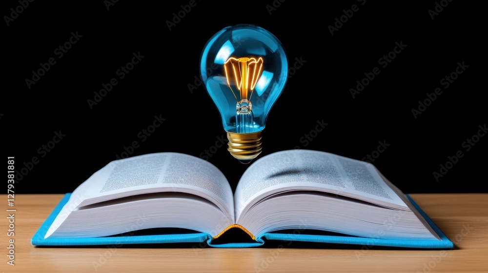 Poster an open book with a light bulb floating above it, symbolizing knowledge and enlightenment.