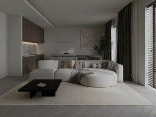 Bright modern kitchen room interior with cupboard and dinner table