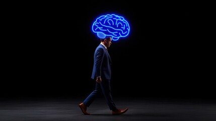 A business leader walking forward as a luminous AI brain floats above their head, guiding them.