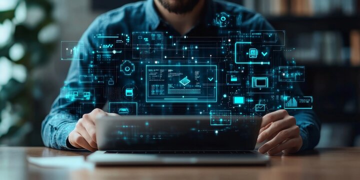 Software developer working on laptop, surrounded by icons representing concept of Minimum Viable Product MVP, most basic version of a product that meets essential requirements for release and