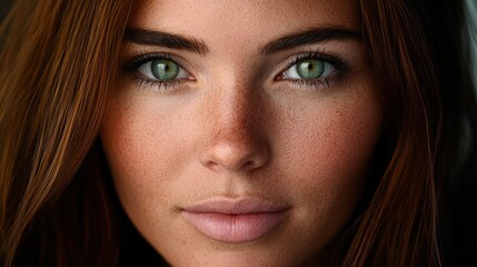 Obraz premium Close-up portrait of a young woman with freckles and striking green eyes. Her auburn hair frames her face, creating a warm and inviting mood.