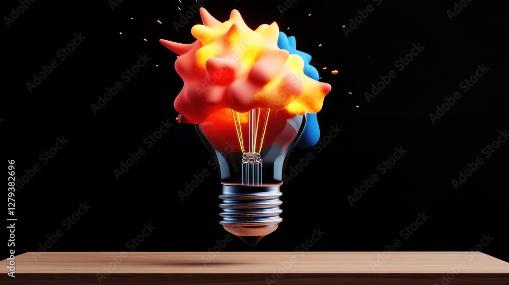 Poster a light bulb is floating in the air with a colorful explosion surrounding it. concept of creativity 