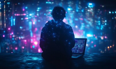 Contemplative Programmer at Night Developing Software Code on Laptop with Abstract Data Graphics, Business and Technology Concepts