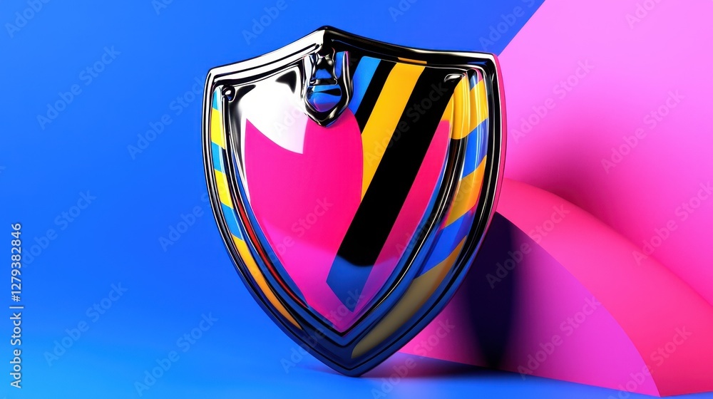 Poster a colorful shield with a heart on it. the shield is made of shiny material and is placed on a blue b