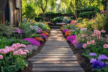 Fototapeta premium Vibrant Colors of a Blooming Garden Pathway: Tranquil Landscape Design with Lush Vegetation and Serene Outdoor Setting