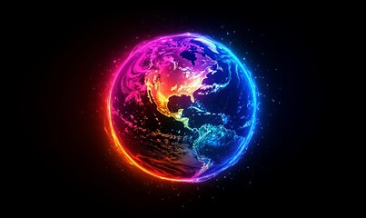 Fototapeta premium Vibrant and colorful illustration of the Earth with a glowing, neon-like effect, symbolizing global connectivity, digital innovation, and creative representation of