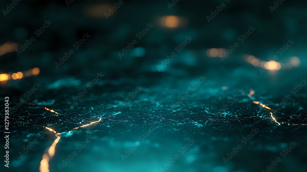 Poster cracked surface with glowing golden lines on dark turquoise background, abstract texture pattern wit