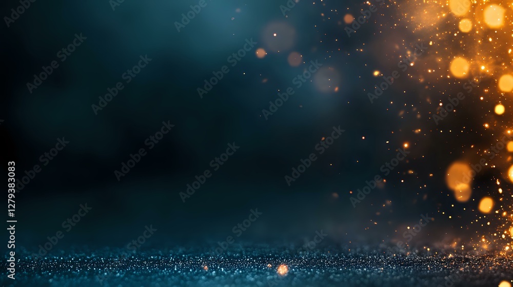 Poster magical glowing orange and gold bokeh lights scattered on dark turquoise background with sparkles an