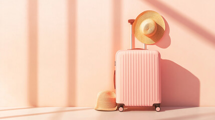 A pink suitcase with a straw hat placed next to it, casting soft shadows on a peach-colored wall, symbolizing travel, relaxation, and vacation planning in a stylish setting.