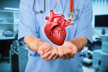 Medical doctor and human heart hologram.