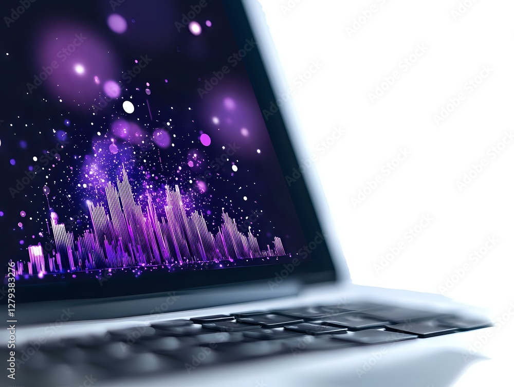 Poster vibrant purple digital equalizer visualization with glowing particles displayed on laptop screen, cr