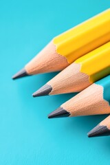 Fototapeta premium Three sharpened colored pencils in vibrant yellow and teal rest against a teal background, perfect for educational materials, artistic projects, or crafting