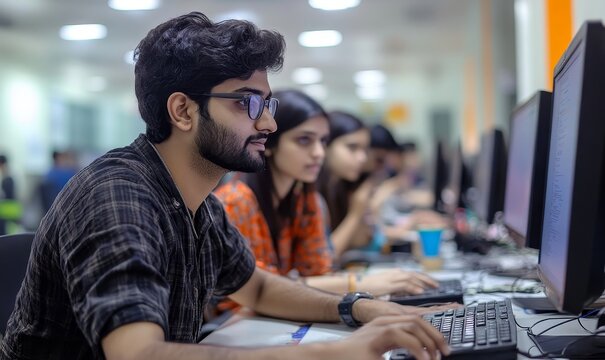 Indian Software Developers Collaborating on Finance Software Project in Tech Workplace