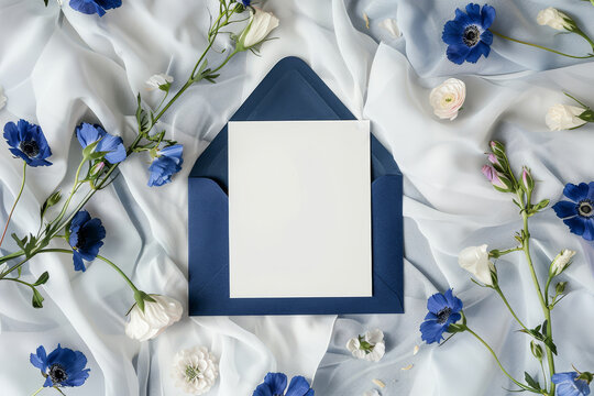 Blank card mockup features prominently atop a navy blue envelope, surrounded by delicate flowers and soft fabric, perfect for showcasing designs or invitations