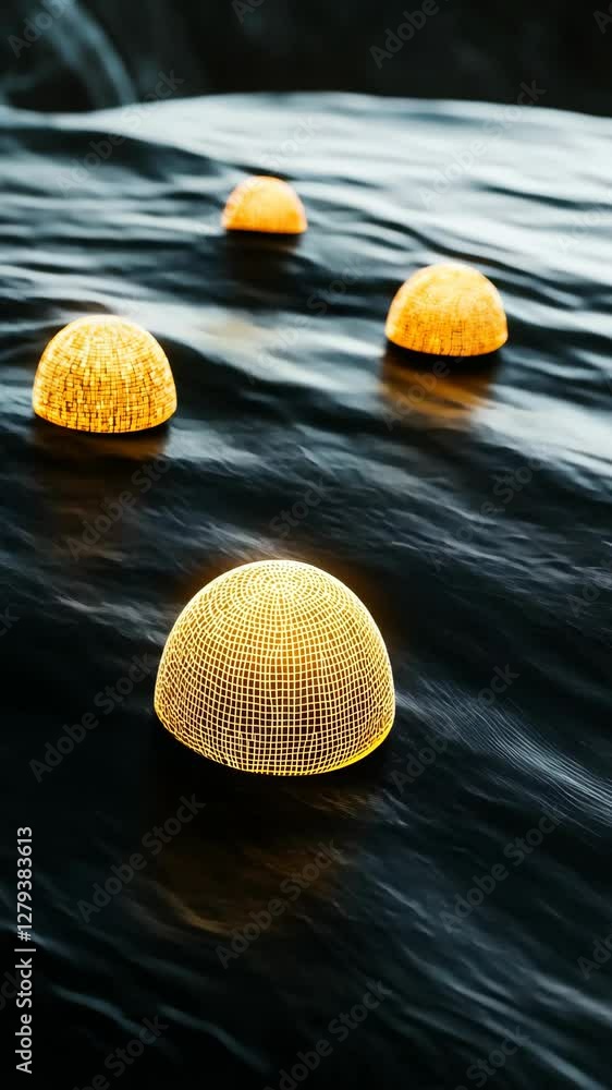 Poster floating luminous spheres create a captivating visual in dark waters during twilight hours