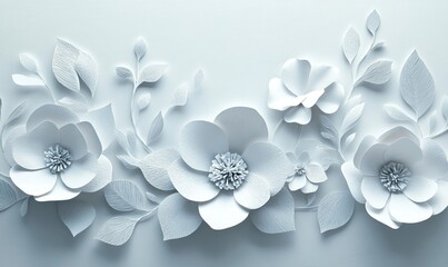 Delicate Paper Cut Decor with Blooming White Flowers on Light Background - Abstract Handmade Floral Art Composition