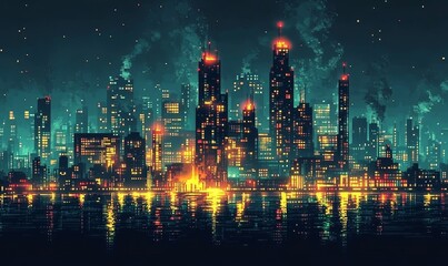 Retro Pixel Art Futuristic Cityscape with Old and Modern Buildings - 8-bit Video Game Interface Background, Nighttime, Cyberpunk Theme