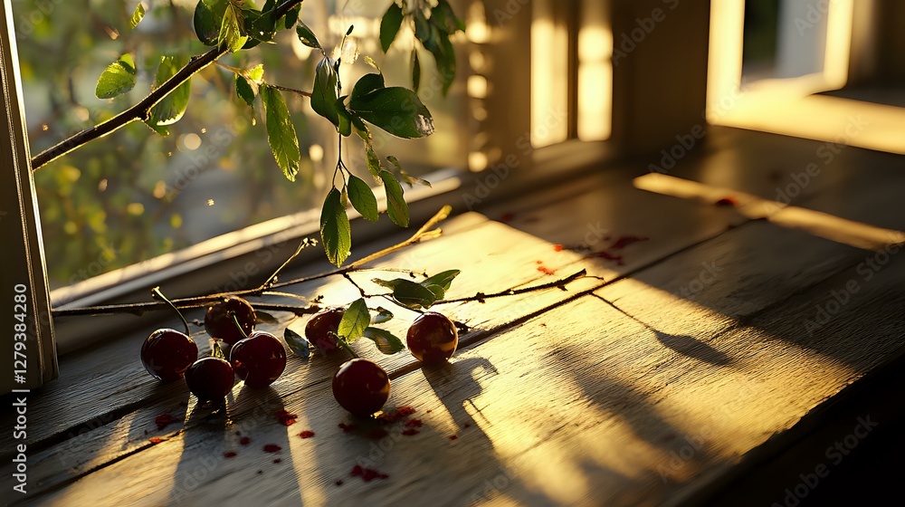 Poster plums scattered on wooden windowsill in golden evening sunlight with tree branch and leaves casting 