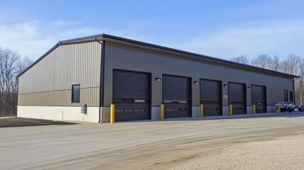 Naklejka premium New Modern Metal Building with Four Large Garage Doors