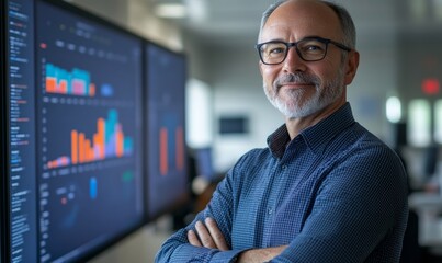 Senior Data Scientist Engaged in Presenting Risk Management Strategies Using Interactive Digital Display in Modern Office