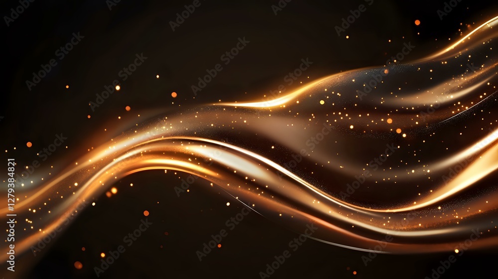Poster glowing golden waves with sparkling particles flow on dark background creating dynamic light effect 