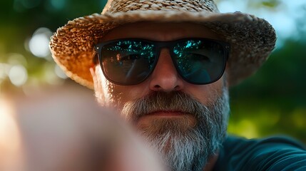 Mature Caucasian man with gray beard wearing straw hat and sunglasses in summer garden setting with natural bokeh background and warm sunset lighting.