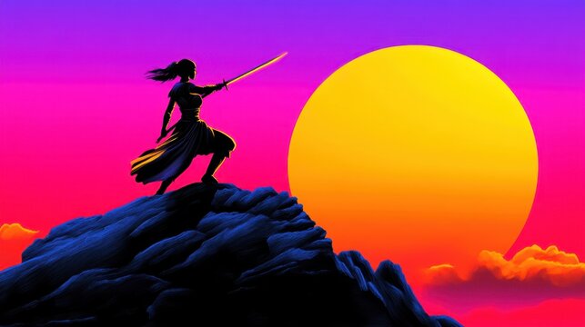 Silhouette of a female warrior in vector style