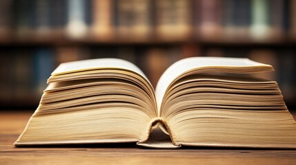 Obraz premium An open book rests on a wooden surface, showcasing golden-edged pages and a soft focus background of shelves, This image is perfect for illustrating themes of knowledge, learning, and literature,