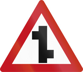 Israel warning road sign - staggered crossroads - right and left