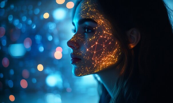 Futuristic Side Profile of Woman Illuminated by Glowing Neon Network Nodes and Interconnected Pathways - Artificial Intelligence and Human-Machine Integration