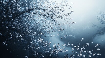 Misty morning,  blooming cherry blossoms falling on water.