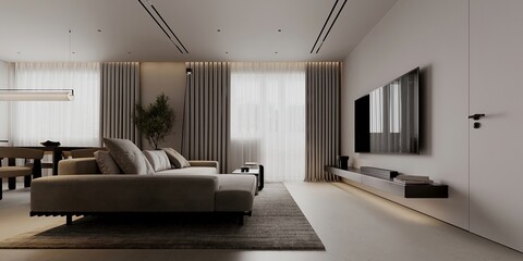 Bright modern kitchen room interior with cupboard and dinner table