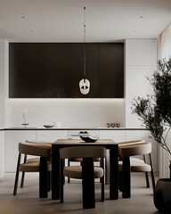 Bright modern kitchen room interior with cupboard and dinner table