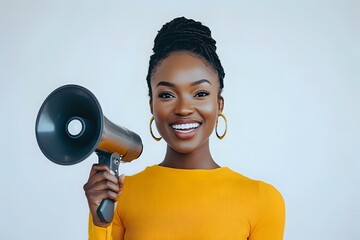 Young African American woman in yellow sweater holding megaphone, showing bright smile with gold hoop earrings and braided updo hairstyle against light background.