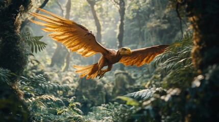 Fototapeta premium A stunning golden bird soars through a vibrant green forest. The beauty of nature is captivating. Witness the harmony of wildlife and greenery. Generative AI
