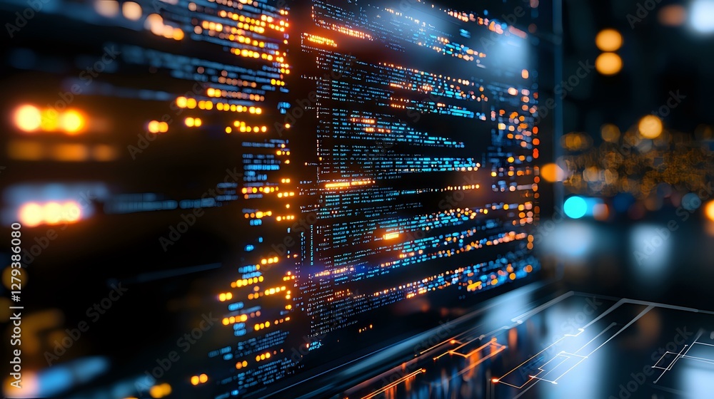Poster programming code on dark background with glowing blue and orange lights creating futuristic technolo