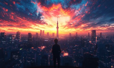 Anime Cityscape at Sunset with Tower and Silhouetted Figure Overlooking Vibrant Sky and Urban Horizon
