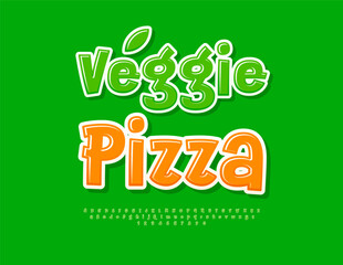 Vector Ecologic Advertisement Veggie Pizza. Fresh Funny Font. Bright Glossy Alphabet Letters and Numbers set.