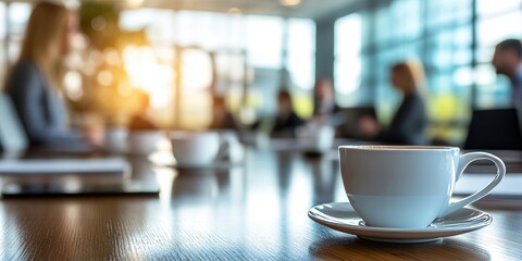 Close-up of coffee cups on a conference room table with blurred business professionals engaging in discussions in a bright corporate office