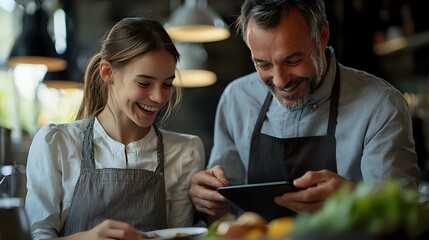 Cheerful Caucasian female and male chefs in aprons looking at digital tablet in restaurant kitchen, sharing professional culinary experience.