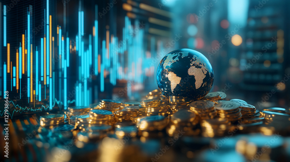Aufkleber Close-up image of a globe surrounded by stacks of coins with a digital financial graph in the background, representing global economy, investment, and financial growth.