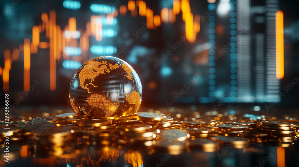 Poster close-up image of a globe made of glass surrounded by piles of coins with a financial graph in the b