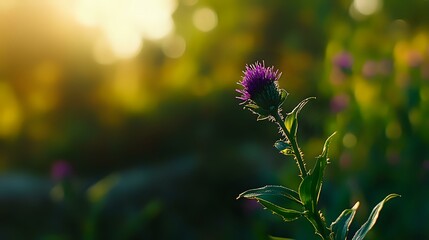 Purple thistle flower backlit by golden sunset light, with soft bokeh background and green photography.