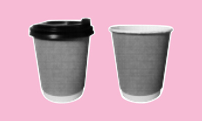 Two coffee cups, with lid and open. Takeaway coffee in pop art halftone style. Vintage dotted collage elements.